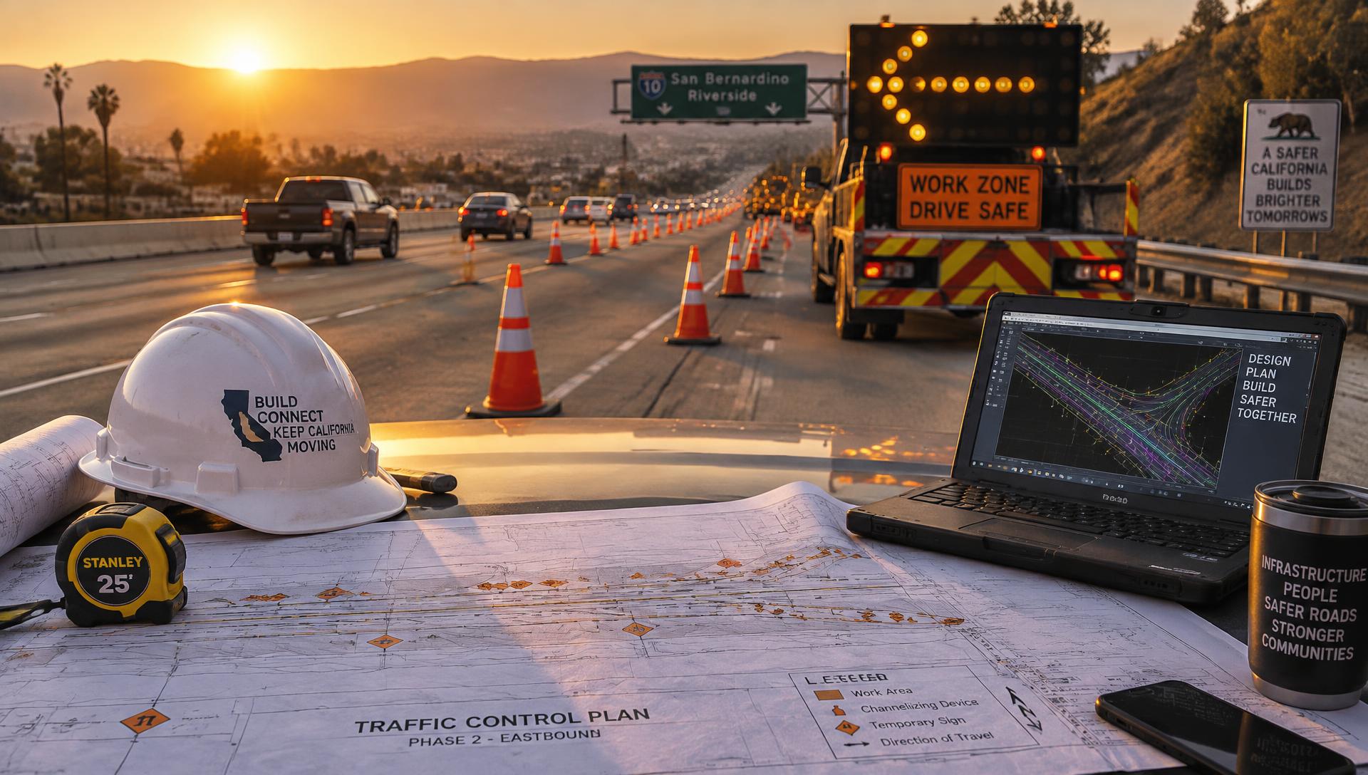 Freeway work zone at sunset with traffic cones, an arrow board truck and traffic control plans